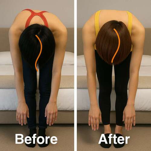 前屈時の姿勢の比較。左は猫背で背骨が曲がっているBefore、右は背筋が整い真っすぐなAfter。