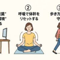腰痛再発予防の3つの習慣を示すイラスト。①椅子とモニターの高さを整える正しい座り姿勢、②ドローイン呼吸法で体幹をリセットする女性、③お尻と太もも裏を使って歩く女性。