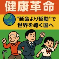 「日本発の健康革命。“延命より延動”で世界を導く国へ。老年男性、ビジネスマン、女子学生が元気に前進するイラスト。赤・黄・緑の3色で構成されたポスター風デザイン。」