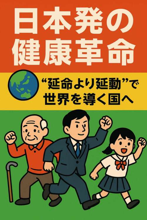 「日本発の健康革命。“延命より延動”で世界を導く国へ。老年男性、ビジネスマン、女子学生が元気に前進するイラスト。赤・黄・緑の3色で構成されたポスター風デザイン。」