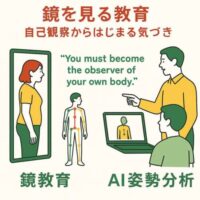 鏡の前で自分の姿勢を観察する女性と、AI姿勢分析を通して身体のバランスを学ぶ人々を描いたイラスト。赤・黄・緑の延動カラーで“鏡教育”と“AI姿勢分析”の融合を表現。