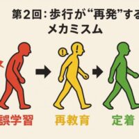 「赤・黄・緑の3色で、体の動きが整っていく様子を表したイラスト。赤はクセがある動き、黄は改善中、緑はきれいに動けている状態。」
