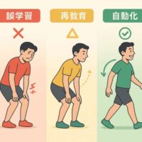 赤・黄・緑の３段階で姿勢の変化を示すイラスト。誤学習した動作が教育で改善されていく様子を視覚化している。