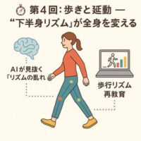 AI姿勢分析による歩行リズム解析をイメージしたイラスト。歩く女性の体に赤・緑・黄・水色のポイントが配置され、骨盤・膝・足首・体幹の連動を示している。