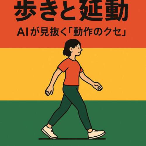 赤・黄・緑の延動カラー背景に、正しい歩行姿勢で前向きに歩く人物のイラスト。「歩きと延動 ― AIが見抜く動作のクセ」というテーマを象徴。