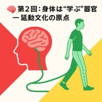 赤・緑・黄の延動カラーを基調にしたデザイン。中央に「🧠第2回：身体は“学ぶ”器官 ― 延動文化の原点」の文字。人のシルエットと脳・神経のラインで“学ぶ身体”を象徴している。
