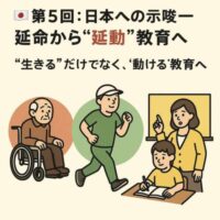 延命から“延動”教育へ。車椅子の高齢者・走る中年男性・教師と子どもが学ぶ姿を描いた延動文化のイラスト。