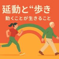 赤・緑・黄の延動カラーを背景に、男女が軽やかに歩く・走る姿を描いたイラスト。 中央に「延動と“歩き” ― 動くことが生きること」の文字があり、健康的で前向きな印象を与えるデザイン。