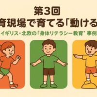 「第3回：教育現場で育てる『動ける力』のテーマ画像。赤・緑・黄の背景に、走る・姿勢を整える・バランスを取る子どものイラストが並び、身体リテラシー教育を表現している。」