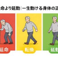 赤・黄・緑の三色背景で、高齢男性が 前屈で杖に頼る状態（延命）から、 姿勢を立て直す途中（転換）、 自然に歩ける状態（延動）へ変化していくイラスト。