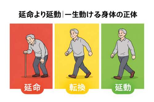赤・黄・緑の三色背景で、高齢男性が前屈で杖に頼る状態（延命）から、 姿勢を立て直す途中（転換）、 自然に歩ける状態（延動）へ変化していくイラスト。