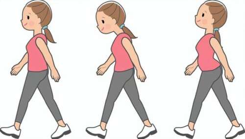 「赤は崩れた歩行、黄は修正途中の歩行、緑は安定した正しい歩行を示し、歩き方の違いが人生の動き方に影響することを表したイラスト」