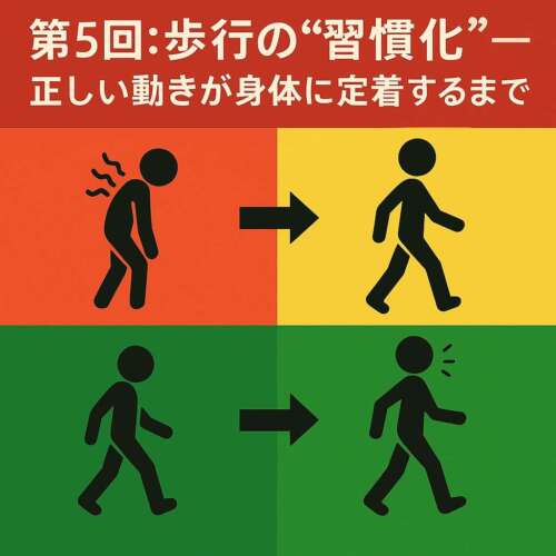 赤・黄・緑の3色背景に、歩行動作が改善していく様子を示したイラスト。赤では猫背で疲れた歩き方、黄では改善途中の歩き方、緑では正しい歩行姿勢でスムーズに歩く状態を表している。