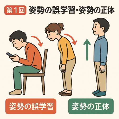 スマートフォンを操作しながら前かがみで座る男性、背中が丸まった姿勢の女性、背筋が伸びた正しい姿勢で立つ男性を比較した、姿勢の誤学習と正しい姿勢を示すイラスト。
