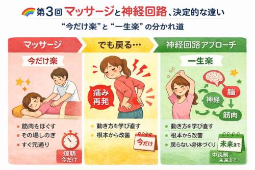 「第3回：マッサージと神経回路の決定的な違い」を説明する赤・黄・緑の3分割イラスト。左の赤はマッサージで筋肉をほぐして“今だけ楽”になる様子。 中央の黄色は痛みが再発する理由として“動きグセが変わっていない”場面。 右の緑は神経回路アプローチで脳・神経・筋肉の使い方が整い、“一生楽”な身体になる様子を描く。