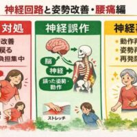 腰痛の原因と改善を、赤は筋肉対処、緑は神経誤作、黄は神経再学の三段階で示した図解イラスト。マッサージによる一時改善から、神経回路を学び直して再発を防ぐ流れを表している。