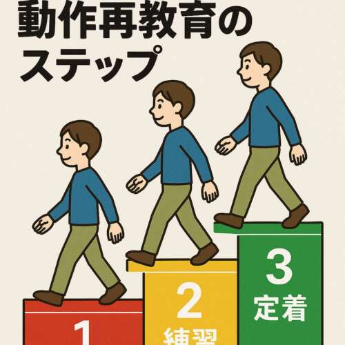 赤・黄・緑の3段ステップを歩く人物が、正しい歩行を身につけるための動作再教育のプロセスを表したイラスト。