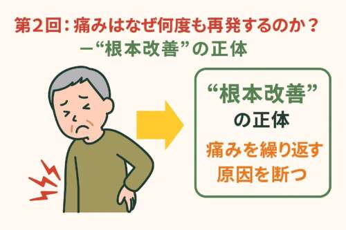 腰に痛みを抱える高齢者のイラストと、痛みの再発原因が“神経回路の誤作動”であることを示す『根本改善の正体』というメッセージを配置した教育用画像。