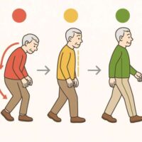 赤・黄・緑の3段階で高齢男性の歩行が改善していく様子を示したイラスト。丸まった姿勢（赤）から、姿勢が整い始める段階（黄）、そして胸が開き安定して歩ける状態（緑）へと変化していく動作再教育の流れを表している。
