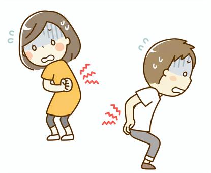 腰や背中を押さえて痛そうに前かがみになる男女のイラスト。腰痛による不安やつらさを表現している。