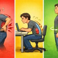 腰に負担をかけて頑張る姿勢（赤）、腰を固めて作業する姿勢（黄）、力まず安定した正しい姿勢（緑）を比較したイラスト