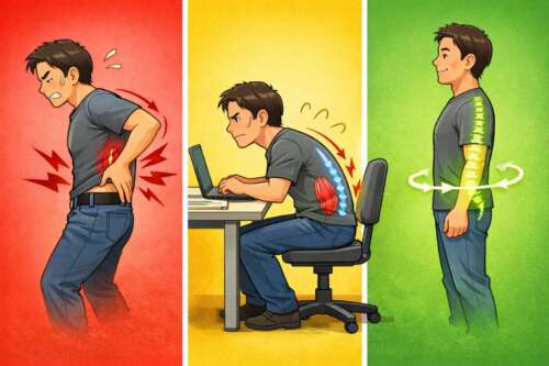 腰に負担をかけて頑張る姿勢（赤）、腰を固めて作業する姿勢（黄）、力まず安定した正しい姿勢（緑）を比較したイラスト