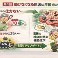 年齢が原因ではなく、脳の神経回路の働きによって動けなくなる仕組みを、赤・緑・黄の配色で示したイラスト。左は「年齢のせい」と悩む高齢者、右は脳の神経回路を整え再び動けるようになる様子を描いている。