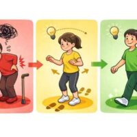 「赤は誤った習慣で身体が崩れている状態、黄は意識して動きを修正している途中段階、緑は無意識でも正しく歩ける安定した状態を示し、習慣と身体設計の違いを表したイラスト」