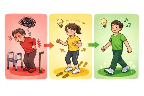 「赤は誤った習慣で身体が崩れている状態、黄は意識して動きを修正している途中段階、緑は無意識でも正しく歩ける安定した状態を示し、習慣と身体設計の違いを表したイラスト」