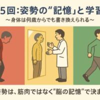 姿勢の誤った記憶(赤)から、学習途中(黄)を経て、正しい姿勢が定着した状態(緑)へと変化していく様子を表した延動文化のイラスト。