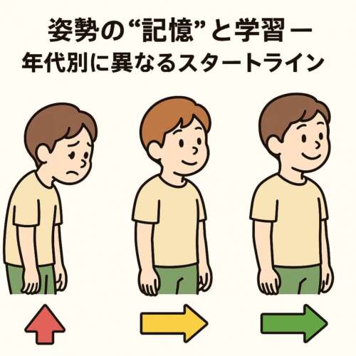 「年代によって異なる姿勢のスタートラインを示すイラスト。左から、猫背で前かがみの姿勢、やや改善された姿勢、まっすぐ整った姿勢の3段階が描かれ、下には赤・黄・緑の矢印が並んでいる。」