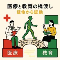 赤・黄・緑の3色で、動けない状態から動ける人生へ変化する様子を表したイラスト。延命より延動の考え方を象徴している。