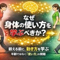 正しい身体の使い方と間違った使い方を比較したイラスト。左側は痛みの出る姿勢や歩き方、右側は楽に歩ける正しい動作を示し、中央には神経回路と学習を表す脳のイメージが描かれている。