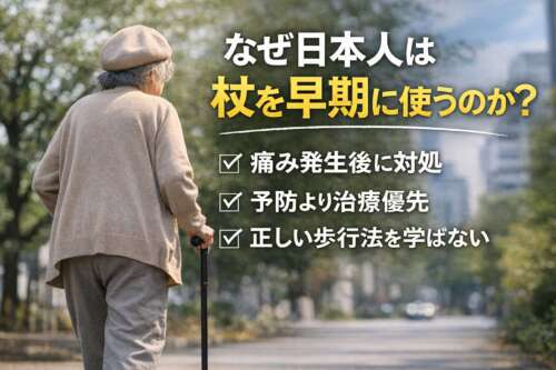 杖をつく高齢の日本人女性の後ろ姿と、「なぜ日本人は杖を早期に使うのか？」という大きな見出し。痛み発生後の対処・治療優先・正しい歩行法を学ばないことを示すチェック項目が配置された説明画像。
