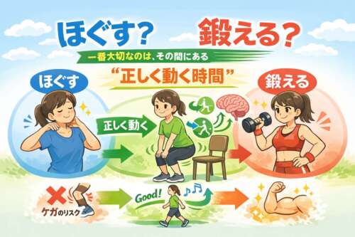 「ほぐす・正しく動く・鍛える」の3段階を示すイラスト。女性が肩をほぐす様子、椅子を使って正しく動く様子、ダンベルで鍛える様子が描かれ、正しい順番の重要性を説明している。