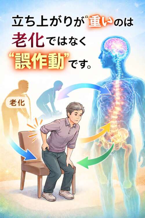 立ち上がり動作が重い男性と、背後に神経の誤作動を示す人体イラストが描かれ、「立ち上がりが重いのは老化ではなく誤作動です」と強調した日本語テキストが表示された説明画像。