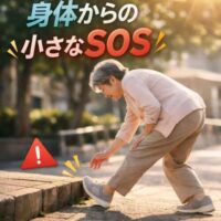 段差につまづきそうになり、前に倒れかけた高齢女性が足元を見て体勢を整えている様子。上部には「つまづきは身体からの小さなSOS」と大きく表示されている。
