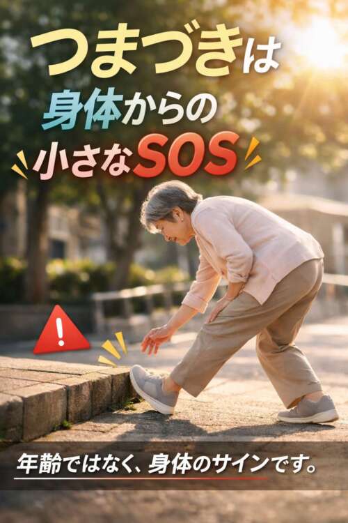 段差につまづきそうになり、前に倒れかけた高齢女性が足元を見て体勢を整えている様子。上部には「つまづきは身体からの小さなSOS」と大きく表示されている。