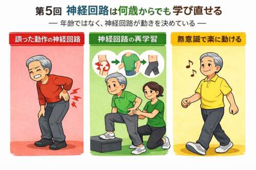 神経回路の違いによって姿勢と動作が変化する様子を、赤・緑・黄の三段階で示したイラスト。赤は誤った動作による腰への負担、緑は神経回路を学び直している途中、黄色は無意識でも楽に動ける状態を表している。