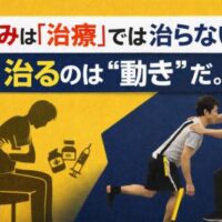 痛みは「治療」では治らず、「動き」で改善することを示すために、治療に依存する人の影と、運動療法で指導を受ける男性が対比して描かれた画像。
