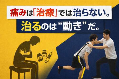 痛みは「治療」では治らず、「動き」で改善することを示すために、治療に依存する人の影と、運動療法で指導を受ける男性が対比して描かれた画像。