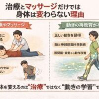 治療とマッサージだけでは身体は変わらない理由を示す日本語イラスト。左に施術を受ける人と「一時的に軽くなる」「でも動きのクセは変わらない」という説明。右に歩く人と神経回路の図が描かれ、「正しい動きの学習」「脳と神経回路を再教育」「動作改善が本質」と示されている。