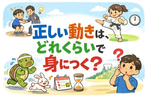 「正しい動きはどれくらいで身につく？」というタイトルを中心に、子どもがスクワットを教わる様子、空手の練習、カメとウサギの走るシーン、カレンダーと砂時計のイラストが配置された教育的なイラスト。