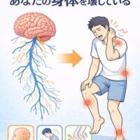 脳の誤作動が神経を通じて姿勢や動きを乱し、首・腰・膝に痛みが生じている様子を示すシンプルな医学系イラスト。
