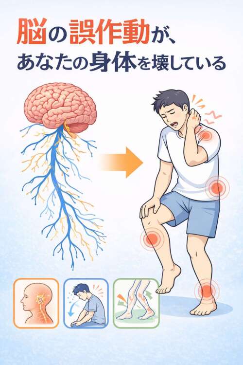脳の誤作動が神経を通じて姿勢や動きを乱し、首・腰・膝に痛みが生じている様子を示すシンプルな医学系イラスト。