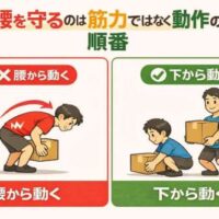 腰痛を防ぐ動作の違いを示したイラスト。左は赤色で「腰から動く」誤った持ち上げ方、右は緑色で「下から動く」正しい動作の順番を対比している。