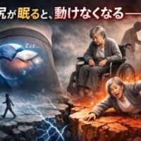 高齢女性が歩けなくなり転倒する様子と、眠って働かなくなったお尻の筋肉を象徴的に描いたイラスト。「お尻が眠ると動けなくなる」というメッセージを表現している。