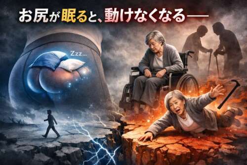 高齢女性が歩けなくなり転倒する様子と、眠って働かなくなったお尻の筋肉を象徴的に描いたイラスト。「お尻が眠ると動けなくなる」というメッセージを表現している。