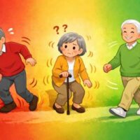 赤背景で転倒し腰を痛める高齢男性、黄背景で杖を使い不安定に立つ高齢女性、緑背景で正しい姿勢で軽やかに歩く高齢男性を比較したイラスト