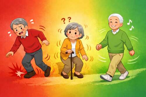 赤背景で転倒し腰を痛める高齢男性、黄背景で杖を使い不安定に立つ高齢女性、緑背景で正しい姿勢で軽やかに歩く高齢男性を比較したイラスト